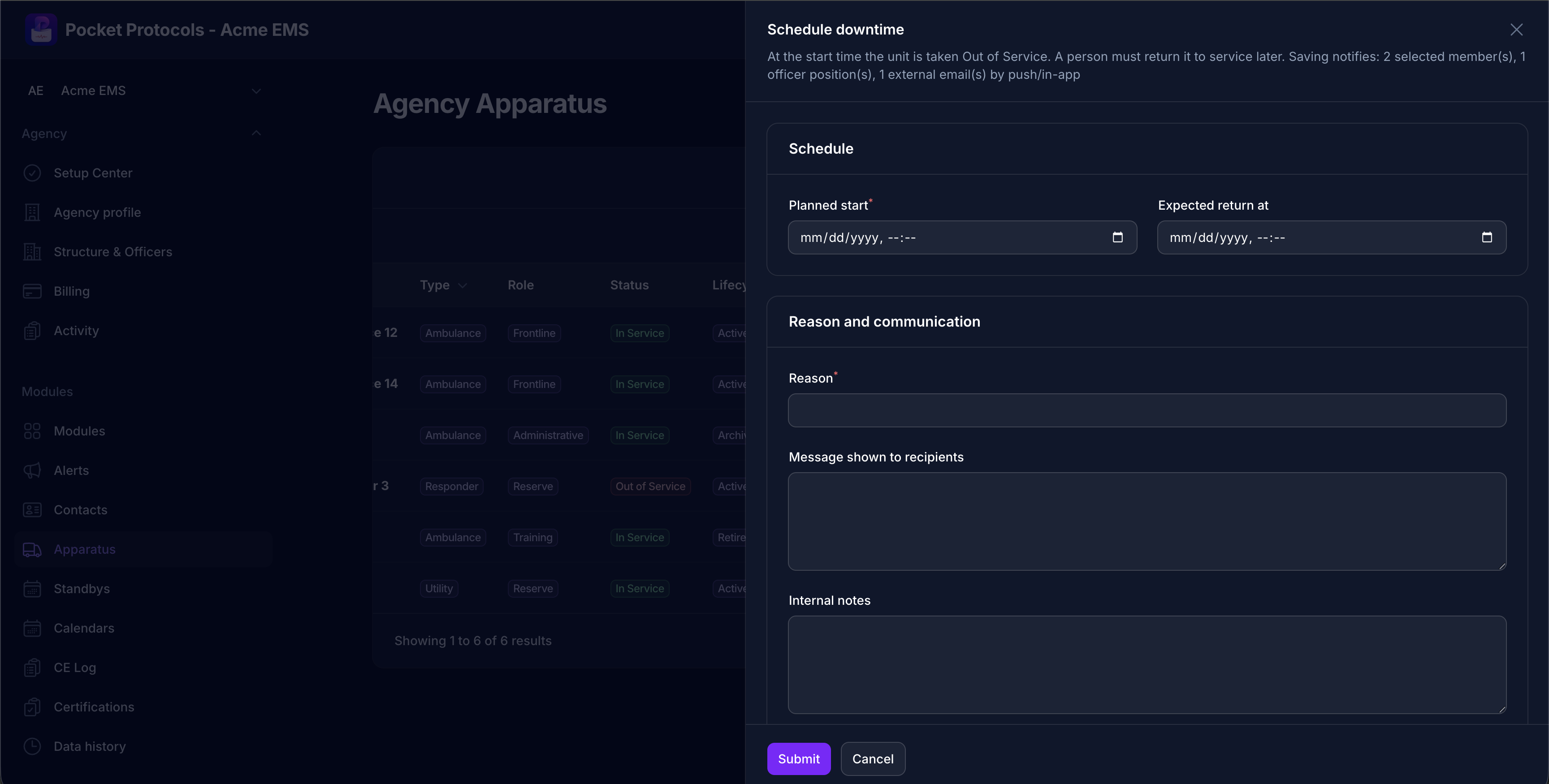 Schedule planned downtime with start and return dates, recipient messaging, internal notes, and automatic notifications.