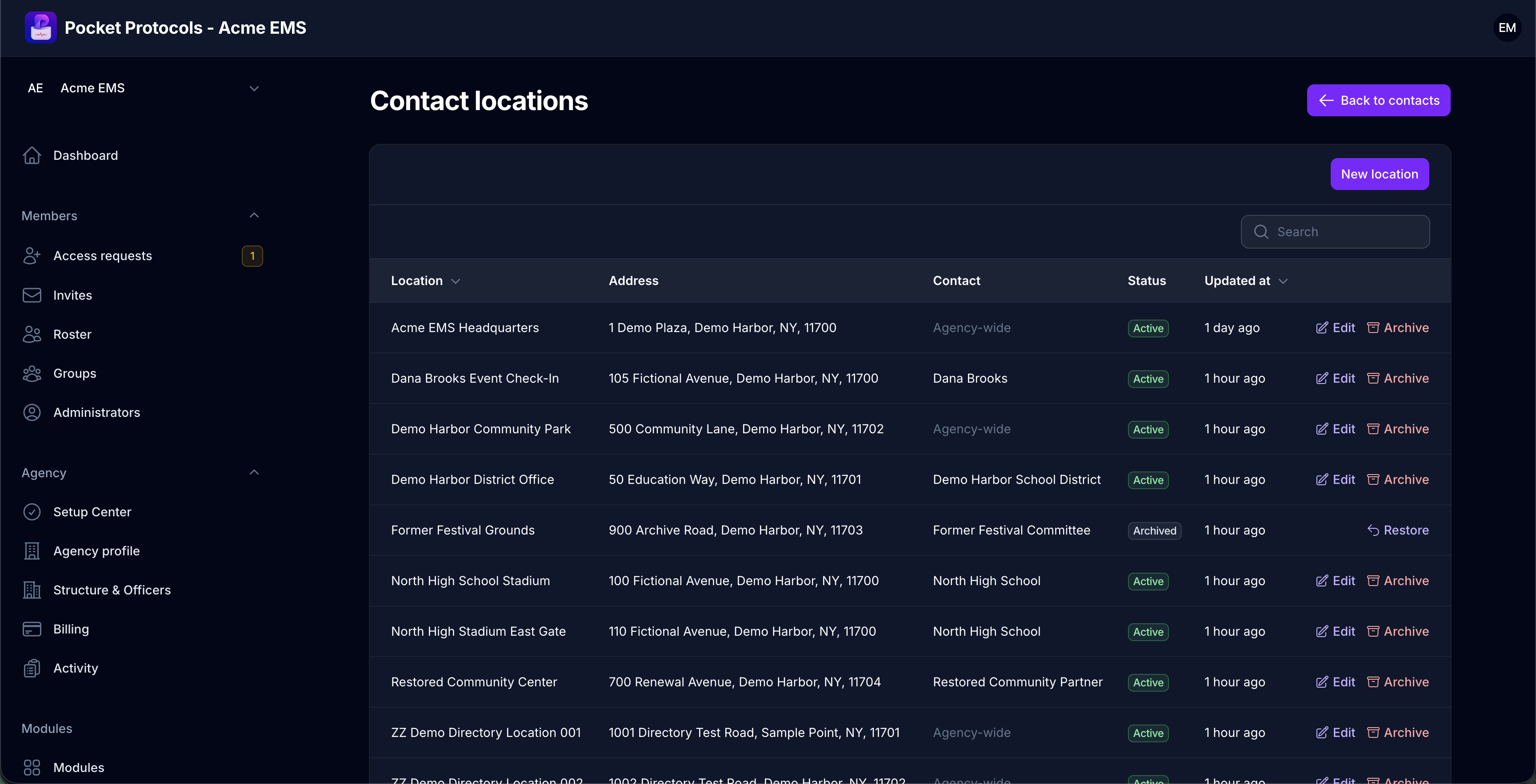 Maintain reusable agency and contact locations with full addresses, associated contacts, status, and archive or restore controls.