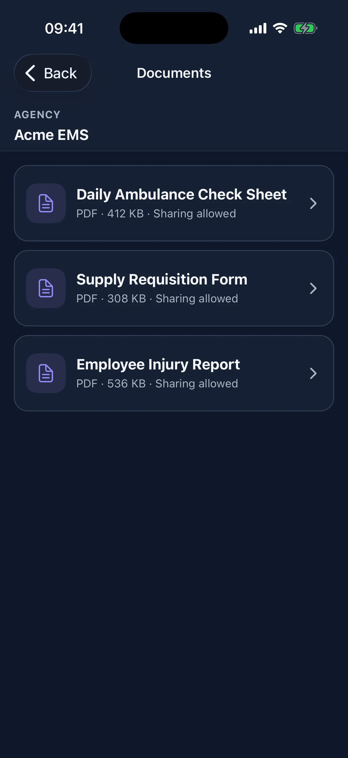 Open a category to see its published PDFs, file sizes, and current sharing availability.