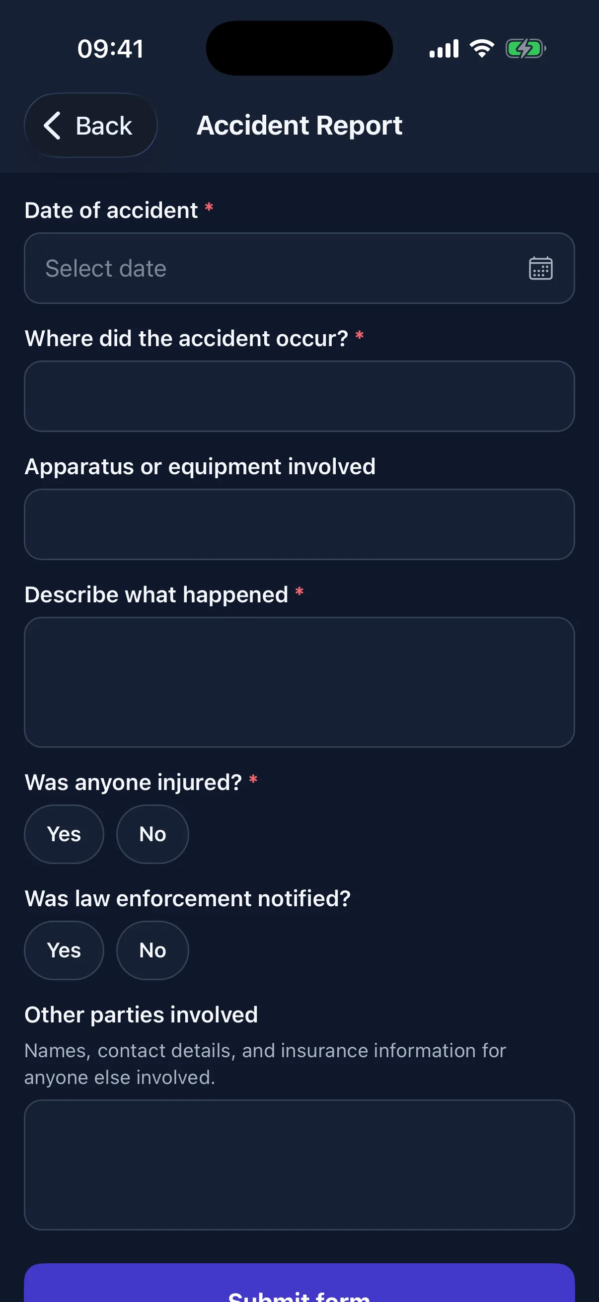 Required questions, dates, written answers, and yes-or-no choices stay clear in a focused field-ready mobile form.