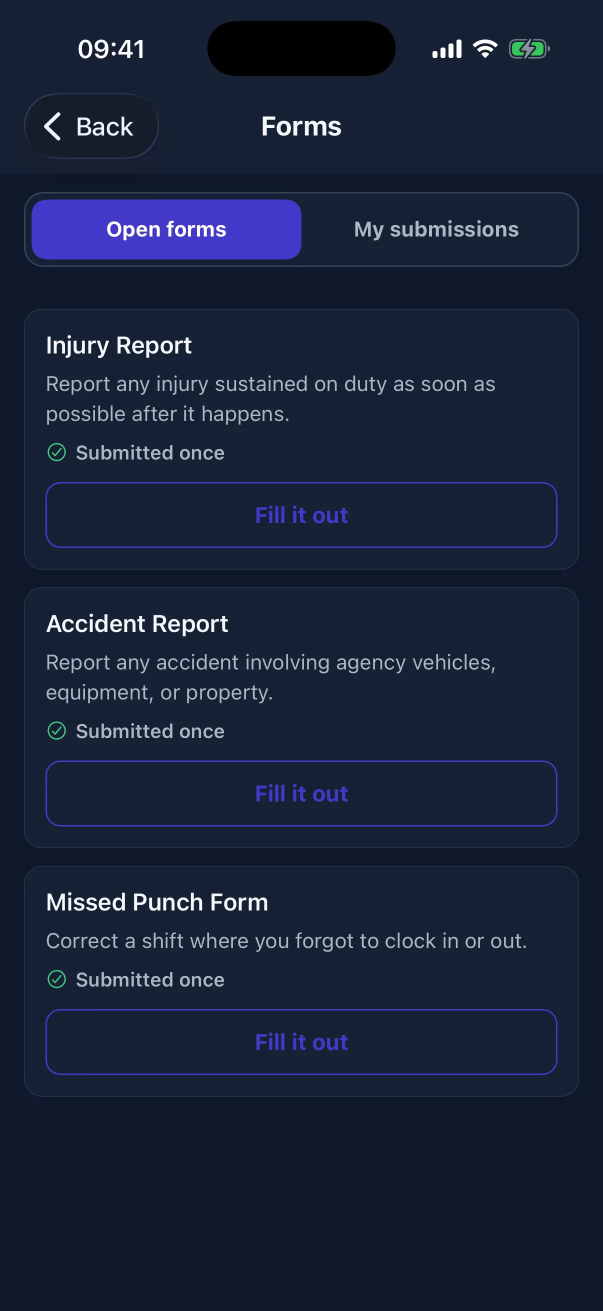 Members see every open agency form in one place, with a clear indicator when they have already submitted each one.
