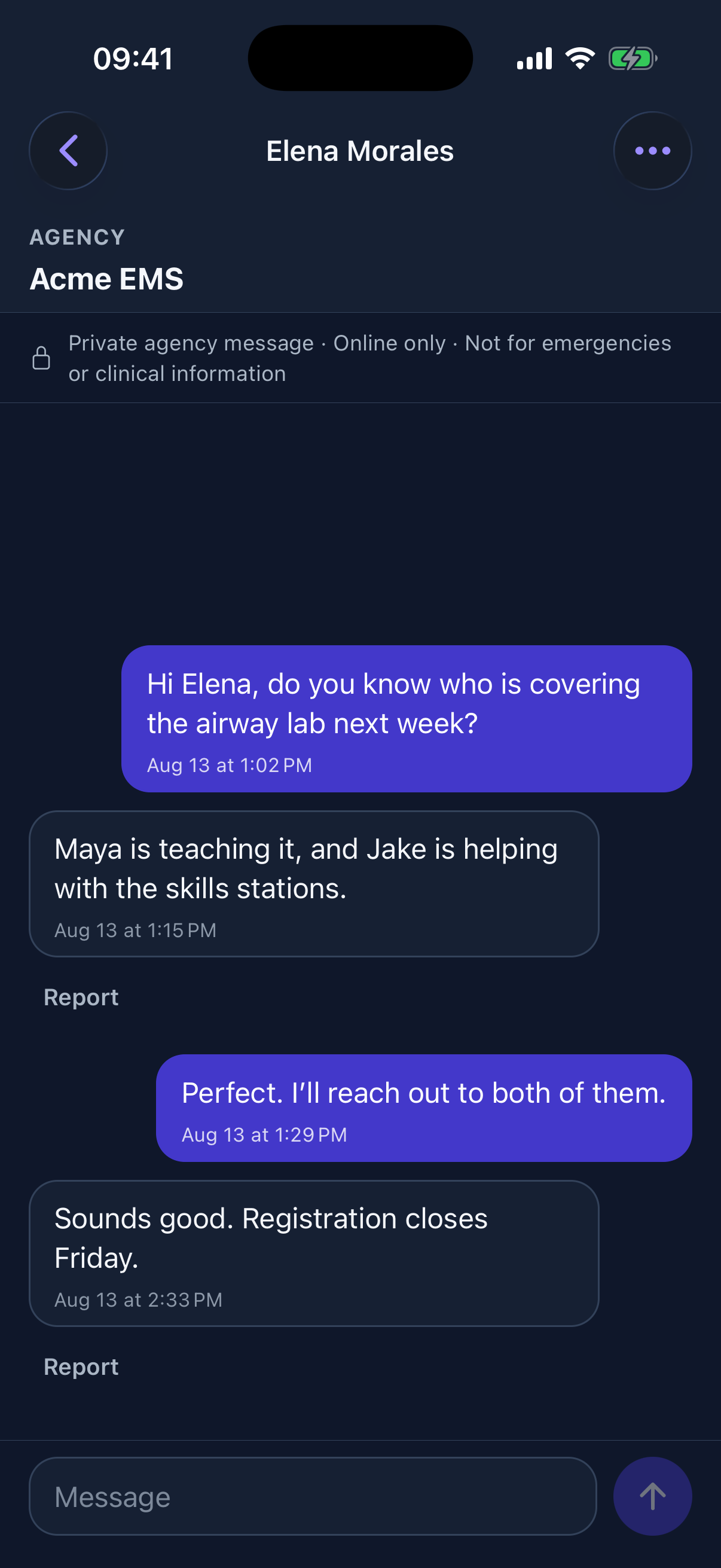 Private agency conversations stay clearly marked as online-only and unsuitable for emergencies or clinical information.