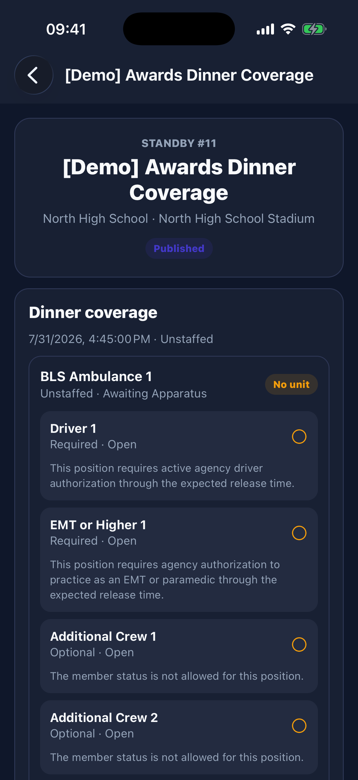 The standby detail shows every resource and open position, including required qualifications and the member’s current eligibility for each seat.