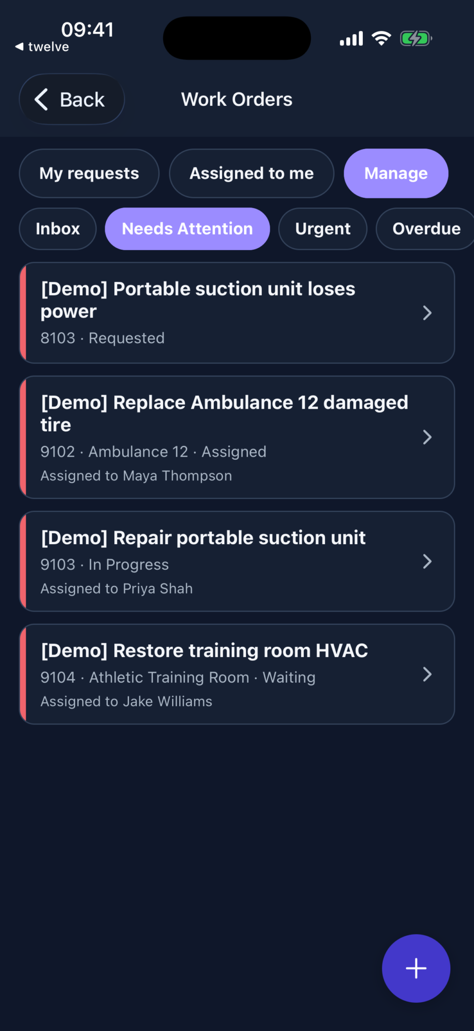 Authorized members can move between their requests, assigned work, and management queues while seeing priority, target, state, and owner at a glance.
