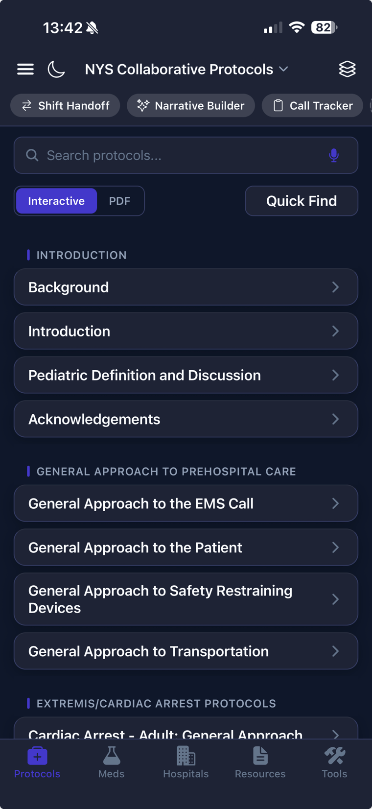 The protocol list with search, pinned quick-access tools in the header, and a Protocols, Meds, Hospitals, Resources, and Tools tab bar