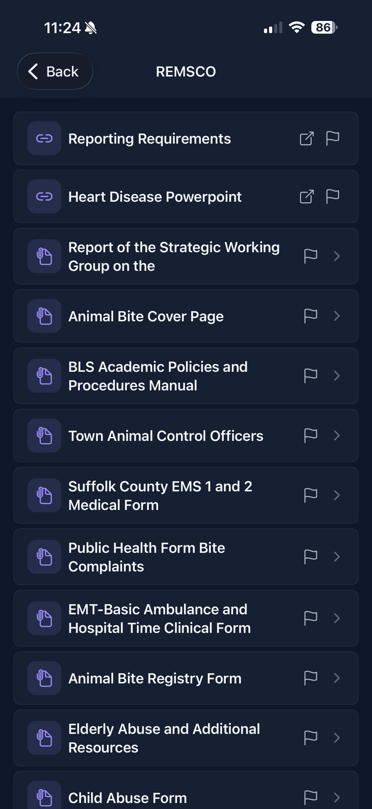 A regional resources folder from the Resources tab, listing reference documents, forms, and links